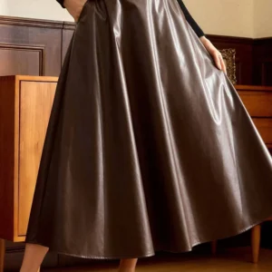 Dark Brown High Rise Pu Maxi Skirt