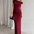 Maroon One Shoulder Ruched Maxi Dress
