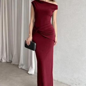 Maroon One Shoulder Ruched Maxi Dress